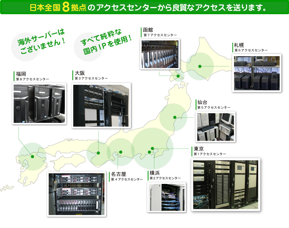 日本全国8拠点にサーバールームから良質なアクセスを送ります。ここがポイント海外サーバーはございません！　ここがポイントすべて純粋な国内IPを使用！